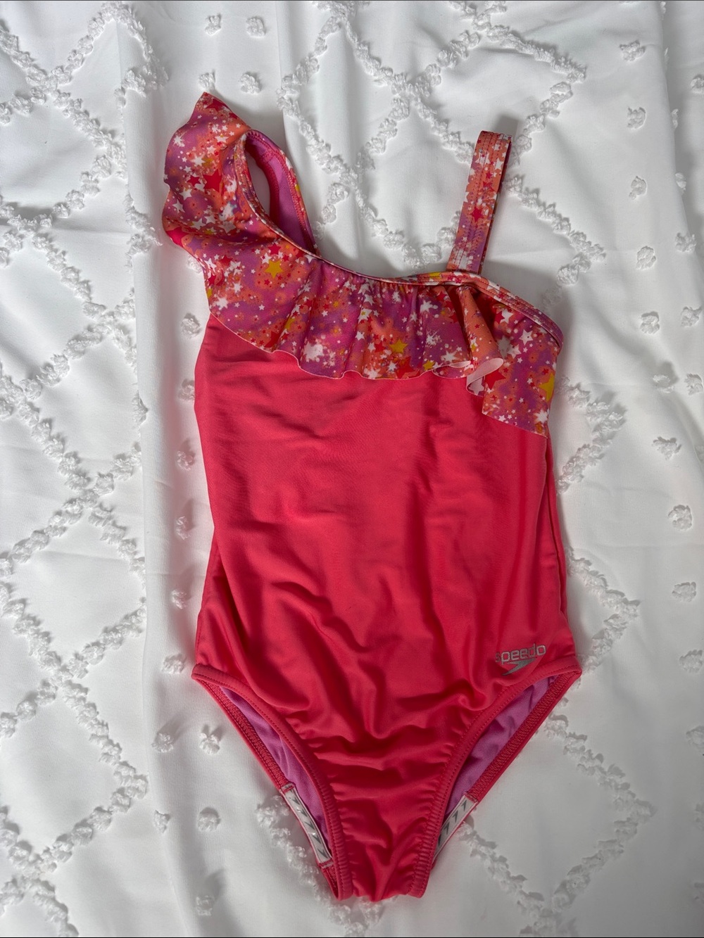 Speedo Girls' Pink Star Ruffle One-Shoulder Swimsuit